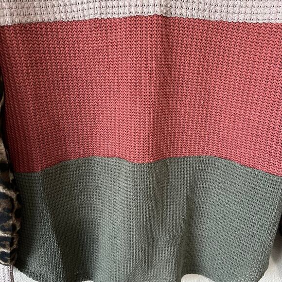 Leopard Animal Print Balloon Sleeve Waffle Knit Color Blocking Fall Blouse - Picture 3 of 10